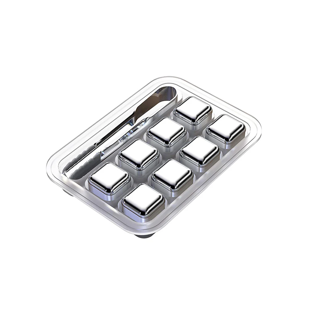 8 Stainless Steel Ice Cubes with Tray and Tong Included 8 Stainless Steel Ice Cubes with Tray and Tong Included