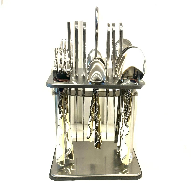 Plate Organizer Binca Stainless Steel Cutlery Ensemble with Stand – 24 Pieces