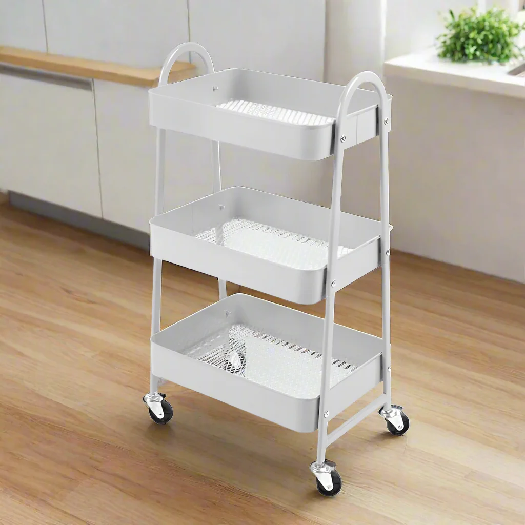 3-Tier Rolling Metal Cart in White Finish 3-Tier Rolling Metal Cart in White Finish - Image 2
