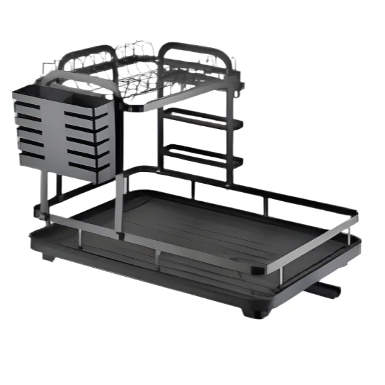 Round Vanity Stand Crafted from Metal in Golden Finish Black Plate Organizer with Two Layers