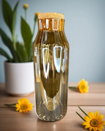 Amber Glass Bottle with Ribbed Design and Cork Stopper