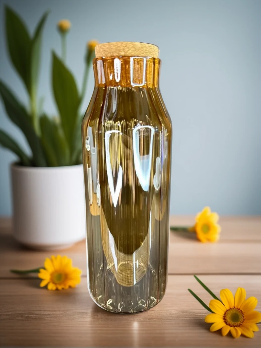 Amber Glass Bottle with Ribbed Design and Cork Stopper Amber Glass Bottle with Ribbed Design and Cork Stopper - Image 2