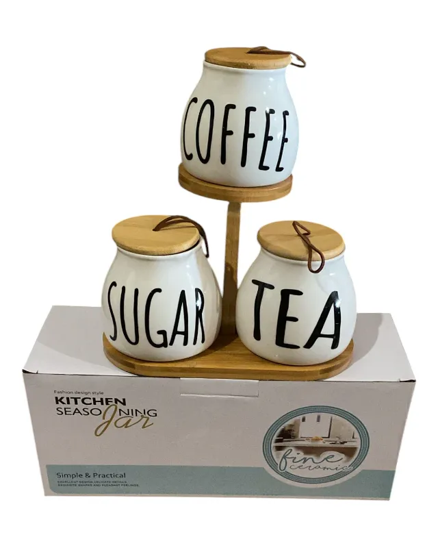 4-Layer Glass Storage Jar with Airtight Bamboo Lid Set of 3 Round Air-Tight Tea, Coffee & Sugar Canisters with Bamboo Stand