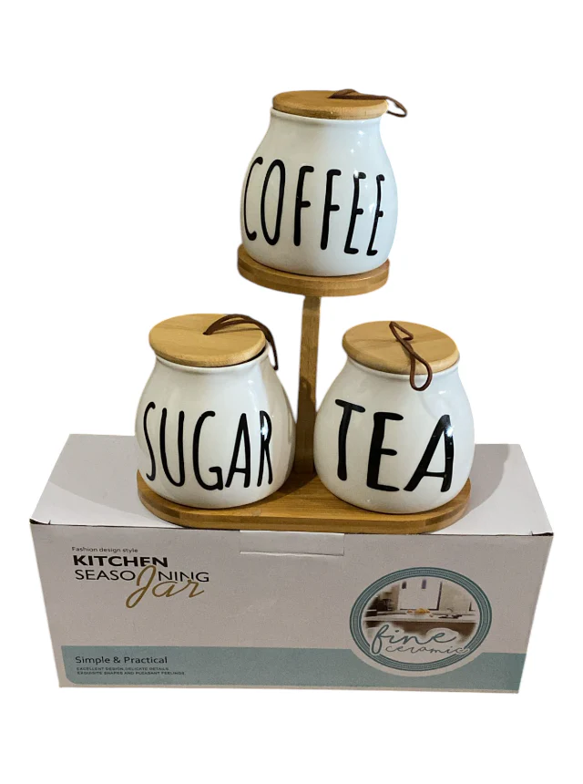 Set of 3 Round Air-Tight Tea, Coffee & Sugar Canisters with Bamboo Stand Set of 3 Round Air-Tight Tea, Coffee & Sugar Canisters with Bamboo Stand