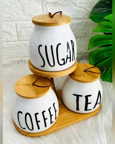 Set of 3  Round Air-Tight Tea, Coffee & Sugar Canisters with Bamboo Stand