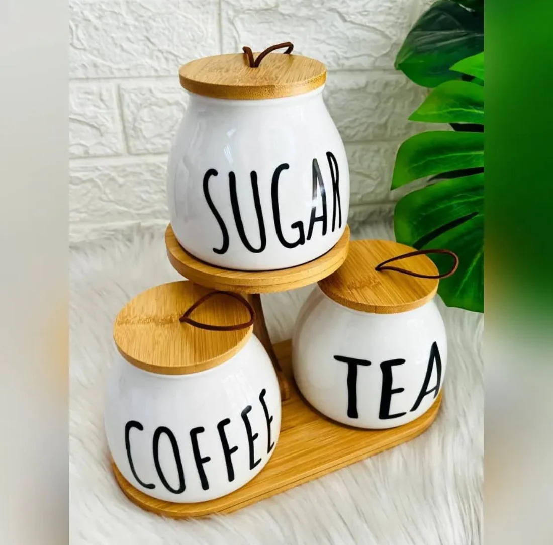 Set of 3 Round Air-Tight Tea, Coffee & Sugar Canisters with Bamboo Stand Set of 3 Round Air-Tight Tea, Coffee & Sugar Canisters with Bamboo Stand - Image 2