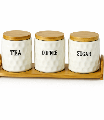 Set of 3 Ceramic Canisters with Bamboo Base