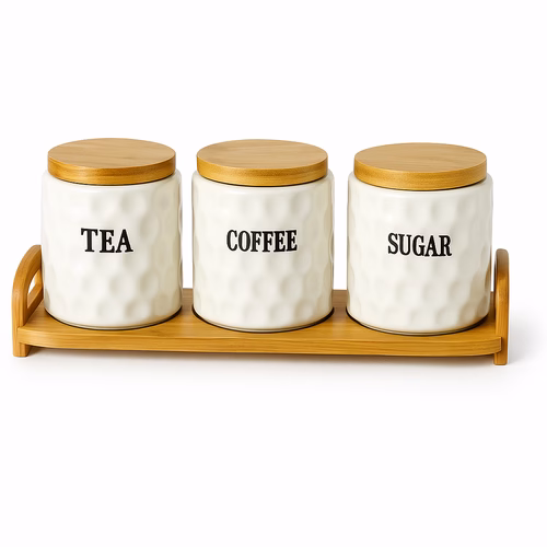 Set of 3 Ceramic Canisters with Bamboo Base