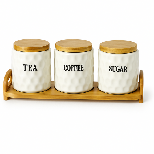 Set of 3 Ceramic Canisters with Bamboo Base Set of 3 Ceramic Canisters with Bamboo Base