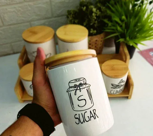 Porcelain Spice Set Of 7-Piece With Bamboo Wooden Stand Porcelain Spice Set Of 7-Piece With Bamboo Wooden Stand - Image 3