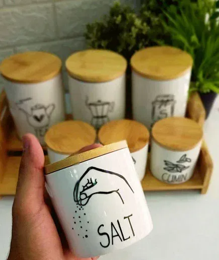 Porcelain Spice Set Of 7-Piece  With Bamboo Wooden Stand