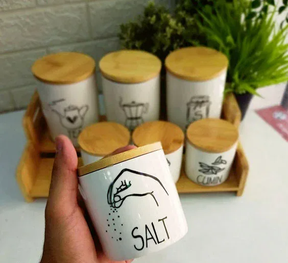 Porcelain Spice Set Of 7-Piece With Bamboo Wooden Stand Porcelain Spice Set Of 7-Piece With Bamboo Wooden Stand - Image 2