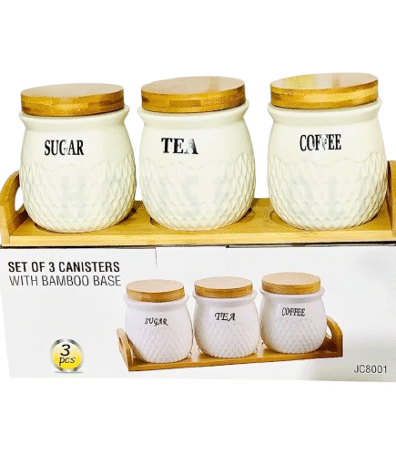 Set of 3 Ceramic Air-Tight Tea, Coffee & Sugar Canisters with Bamboo Stand