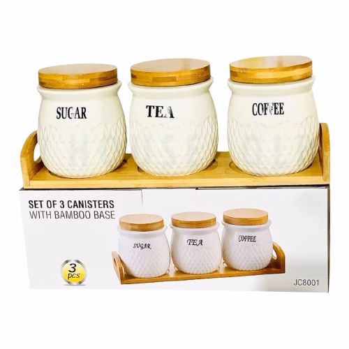 Set of 3 Ceramic Canisters with Bamboo Base Set of 3 Ceramic Air-Tight Tea, Coffee & Sugar Canisters with Bamboo Stand