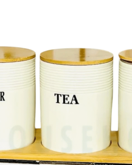 Set of 3 Porcelain Air-Tight Tea, Coffee & Sugar Canisters with Bamboo Stand