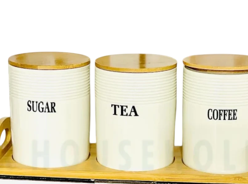 Set of 3 Ceramic Air-Tight Tea, Coffee & Sugar Canisters with Bamboo Stand Set of 3 Porcelain Air-Tight Tea, Coffee & Sugar Canisters with Bamboo Stand