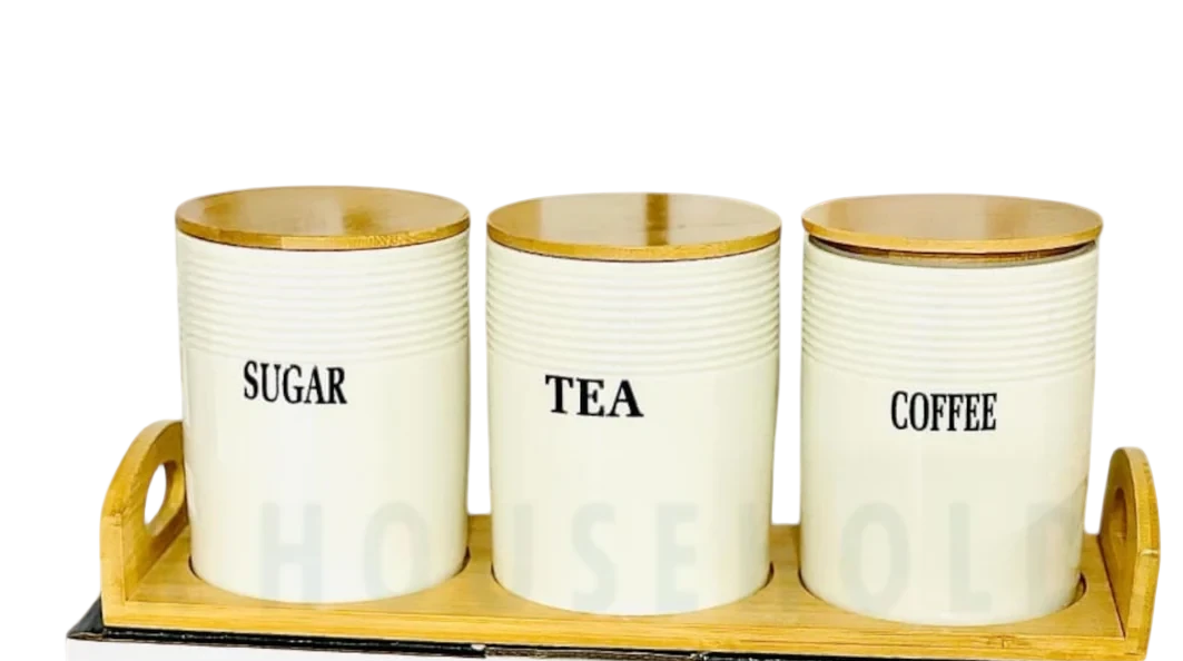 Set of 3 Porcelain Air-Tight Tea, Coffee & Sugar Canisters with Bamboo Stand Set of 3 Porcelain Air-Tight Tea, Coffee & Sugar Canisters with Bamboo Stand