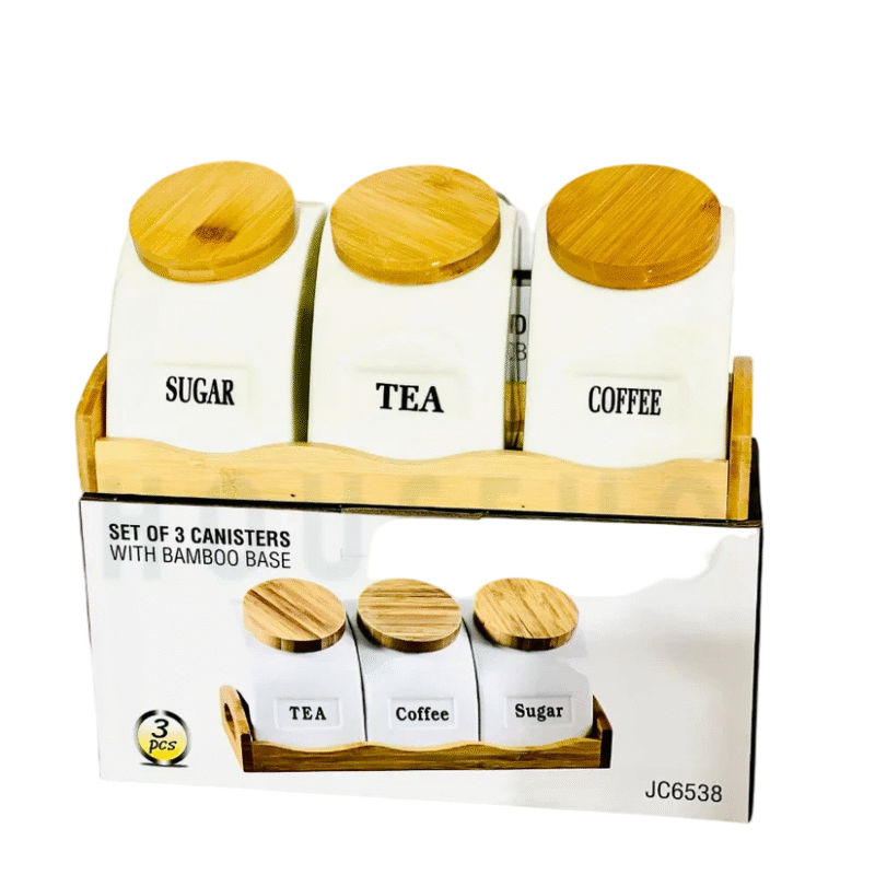 Set of 3 Porcelain Air-Tight Tea, Coffee & Sugar Canisters with Bamboo Stand Set of 3 Porcelain Air-Tight Tea, Coffee & Sugar Canisters with Bamboo Stand