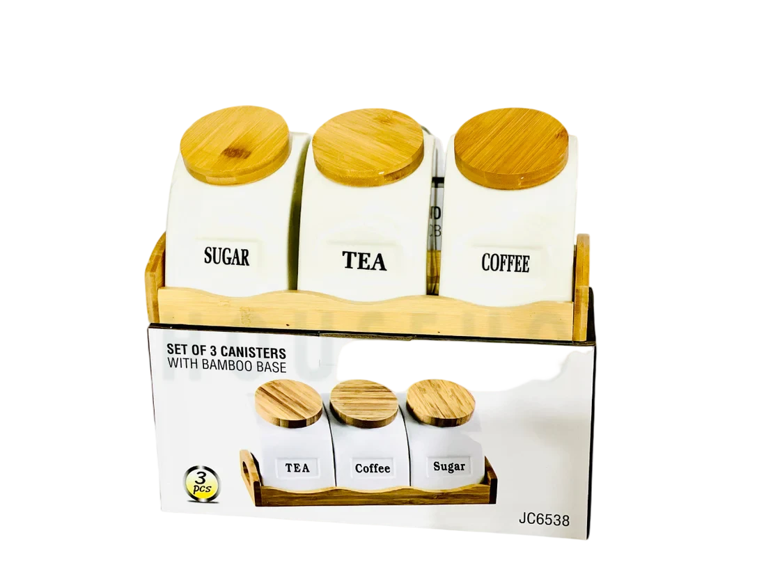 Set of 3 Porcelain Air-Tight Tea, Coffee & Sugar Canisters with Bamboo Stand Set of 3 Porcelain Air-Tight Tea, Coffee & Sugar Canisters with Bamboo Stand