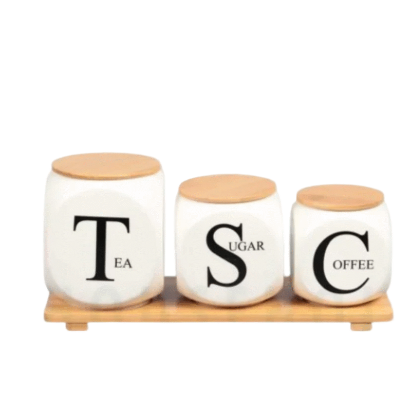 Set of 3 Porcelain Air-Tight Tea, Coffee & Sugar Canisters with Bamboo Stand