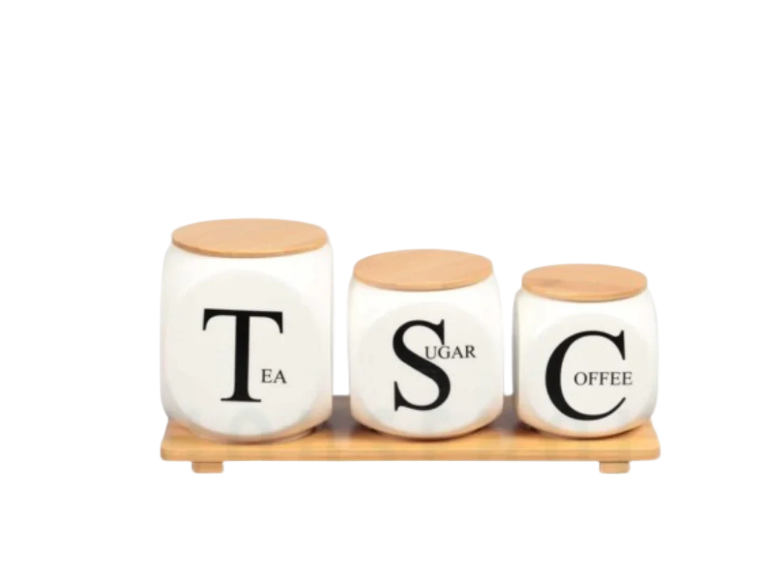 Set of 3 Porcelain Air-Tight Tea, Coffee & Sugar Canisters with Bamboo Stand Set of 3 Porcelain Air-Tight Tea, Coffee & Sugar Canisters with Bamboo Stand