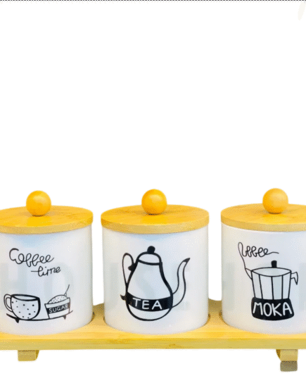 Set of 3 Porcelain Air-Tight Tea, Coffee & Sugar Canisters with Bamboo Stand