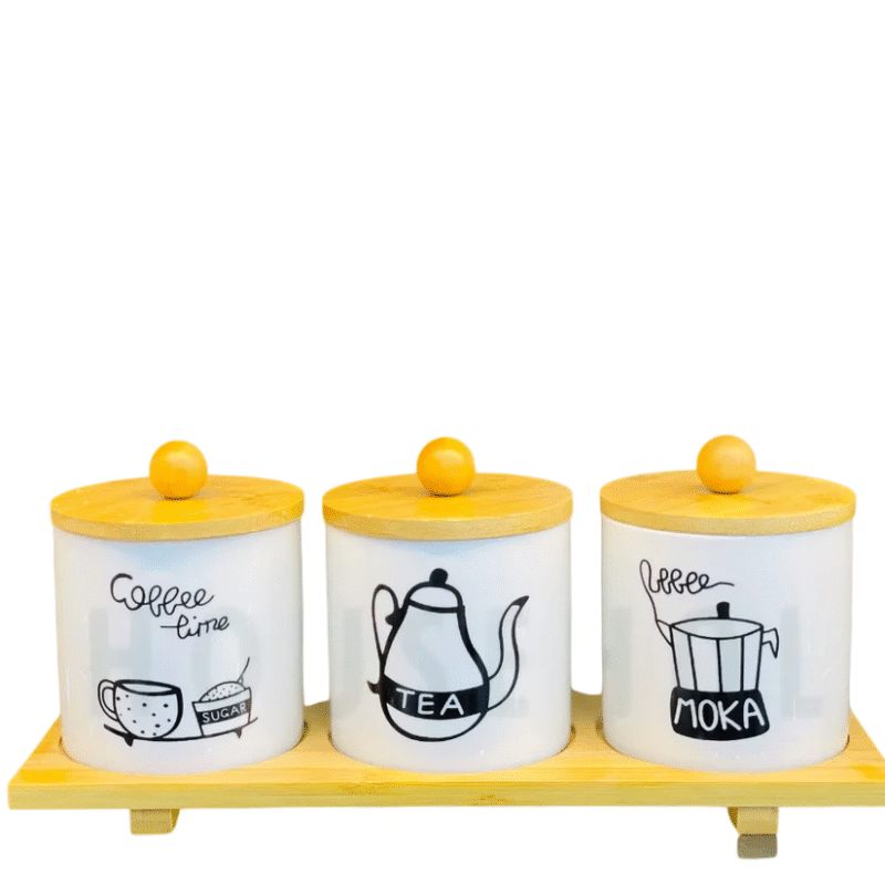 Set of 3 Porcelain Air-Tight Tea, Coffee & Sugar Canisters with Bamboo Stand Set of 3 Porcelain Air-Tight Tea, Coffee & Sugar Canisters with Bamboo Stand