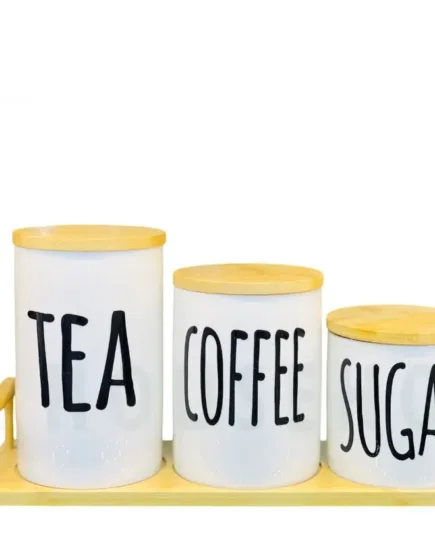 Set of 3 Porcelain Air-Tight Tea, Coffee & Sugar Canisters with Bamboo Stand