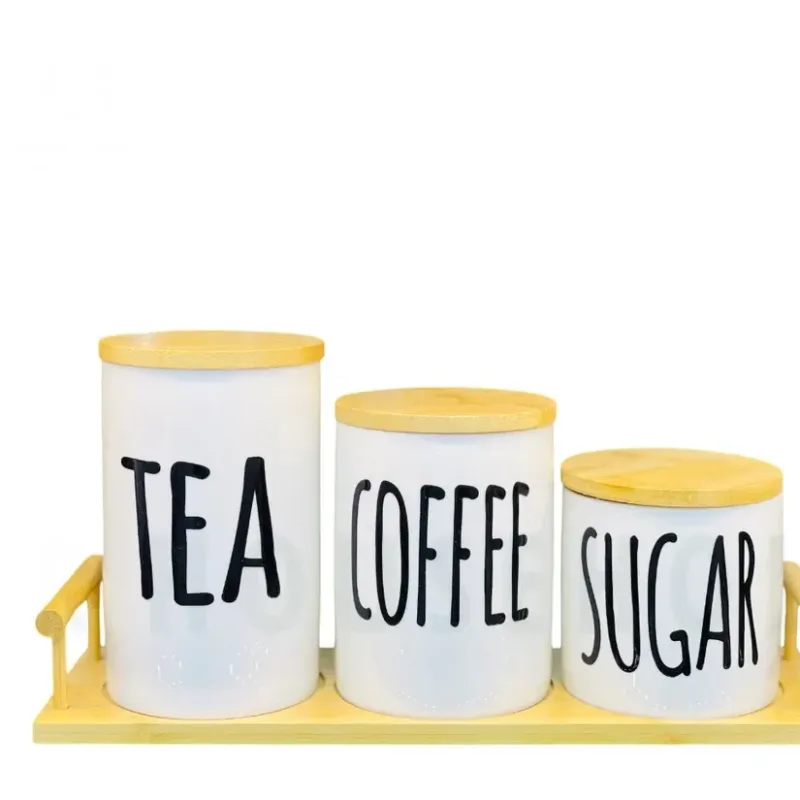 Set of 3 Porcelain Air-Tight Tea, Coffee & Sugar Canisters with Bamboo Stand Set of 3 Porcelain Air-Tight Tea, Coffee & Sugar Canisters with Bamboo Stand