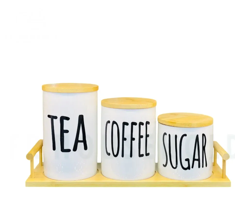 Set of 3 Porcelain Air-Tight Tea, Coffee & Sugar Canisters with Bamboo Stand Set of 3 Porcelain Air-Tight Tea, Coffee & Sugar Canisters with Bamboo Stand