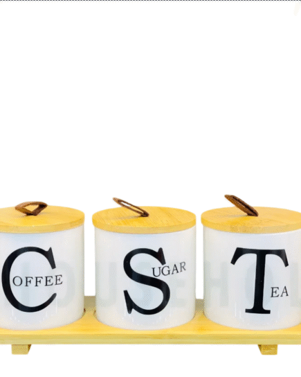 Set of 3 Porcelain Air-Tight Tea, Coffee & Sugar Canisters with Bamboo Stand