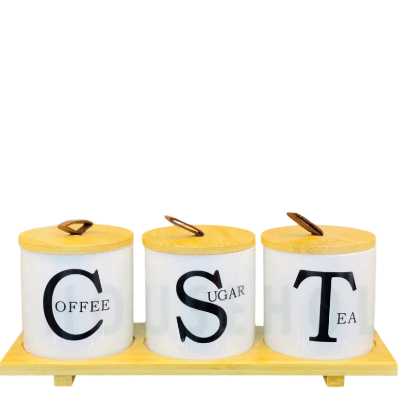 Set of 3 Porcelain Air-Tight Tea, Coffee & Sugar Canisters with Bamboo Stand Set of 3 Porcelain Air-Tight Tea, Coffee & Sugar Canisters with Bamboo Stand