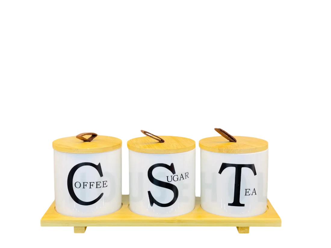 Set of 3 Porcelain Air-Tight Tea, Coffee & Sugar Canisters with Bamboo Stand Set of 3 Porcelain Air-Tight Tea, Coffee & Sugar Canisters with Bamboo Stand