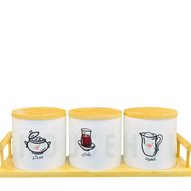 Set of 3 self Texture Air-Tight Tea, Coffee & Sugar Canisters with Bamboo Stand Set of 3 Porcelain Air-Tight Tea, Coffee & Sugar Canisters with Bamboo Stand