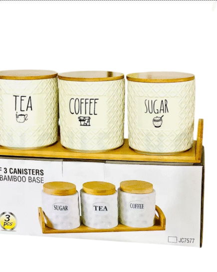 Set of 3 self Texture Air-Tight Tea, Coffee & Sugar Canisters with Bamboo Stand