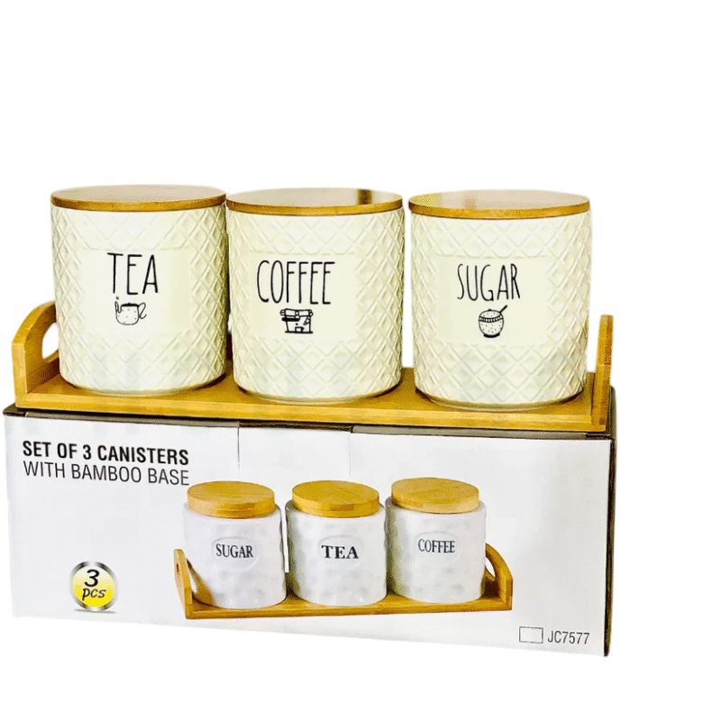 Set of 3 Round Air-Tight Tea, Coffee & Sugar Canisters with Bamboo Stand Set of 3 self Texture Air-Tight Tea, Coffee & Sugar Canisters with Bamboo Stand