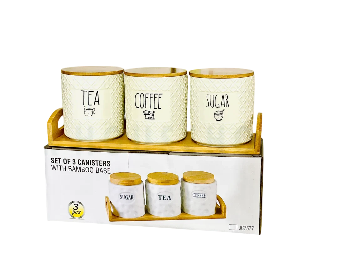 Set of 3 self Texture Air-Tight Tea, Coffee & Sugar Canisters with Bamboo Stand Set of 3 self Texture Air-Tight Tea, Coffee & Sugar Canisters with Bamboo Stand