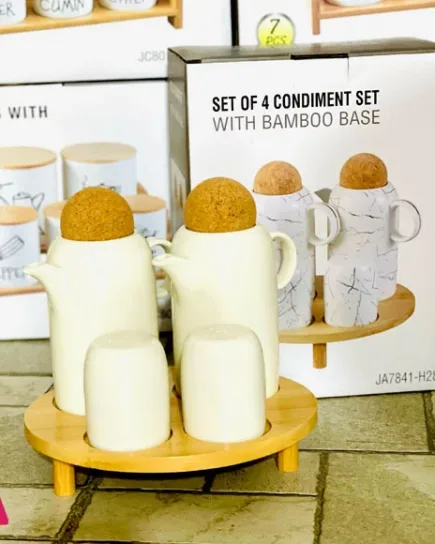 elegant 4-piece ceramic condiment set With Wooden Stand