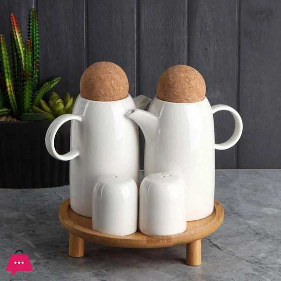 elegant 4-piece ceramic condiment set With Wooden Stand elegant 4-piece ceramic condiment set With Wooden Stand - Image 2