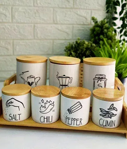 Porcelain Spice Set Of 7-Piece With Bamboo Wooden Stand