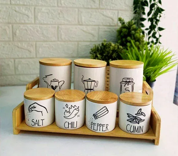 Porcelain Spice Set Of 7-Piece With Bamboo Wooden Stand