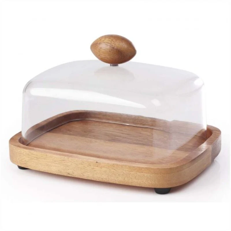 Stainless Steel Silver Plated Pan 28cm Wooden Butter Dish with Acrylic Cover