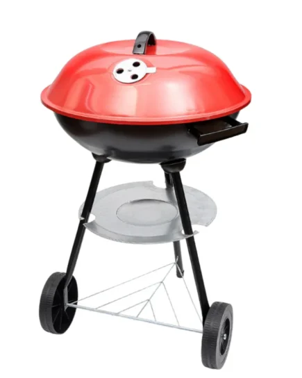 Portable Round Kettle Charcoal BBQ Grill Red/Black With Wheels 43cm