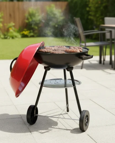 Portable Round Kettle Charcoal BBQ Grill Red/Black With Wheels 43cm