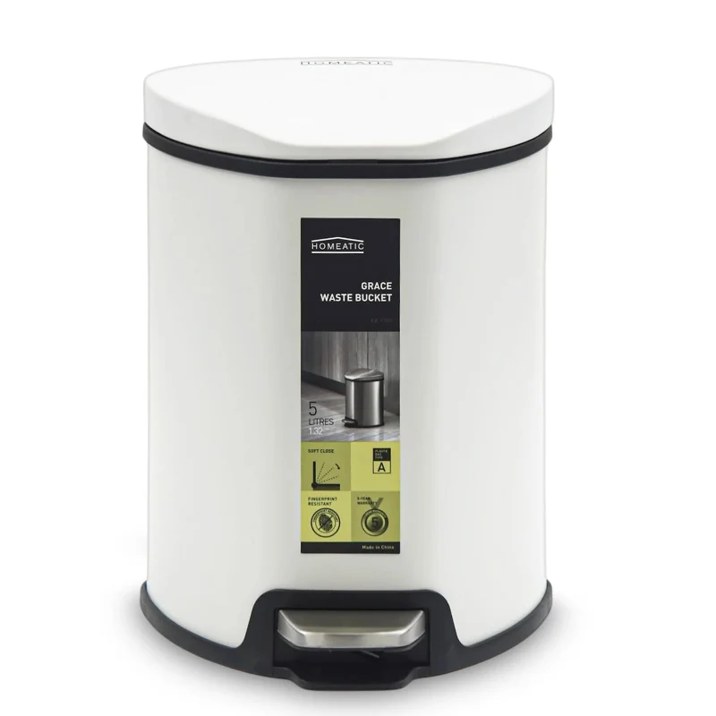 Homeatic Stainless Steel Soft Close Pedal Bin 5L White Homeatic Stainless Steel Soft Close Pedal Bin 5L White